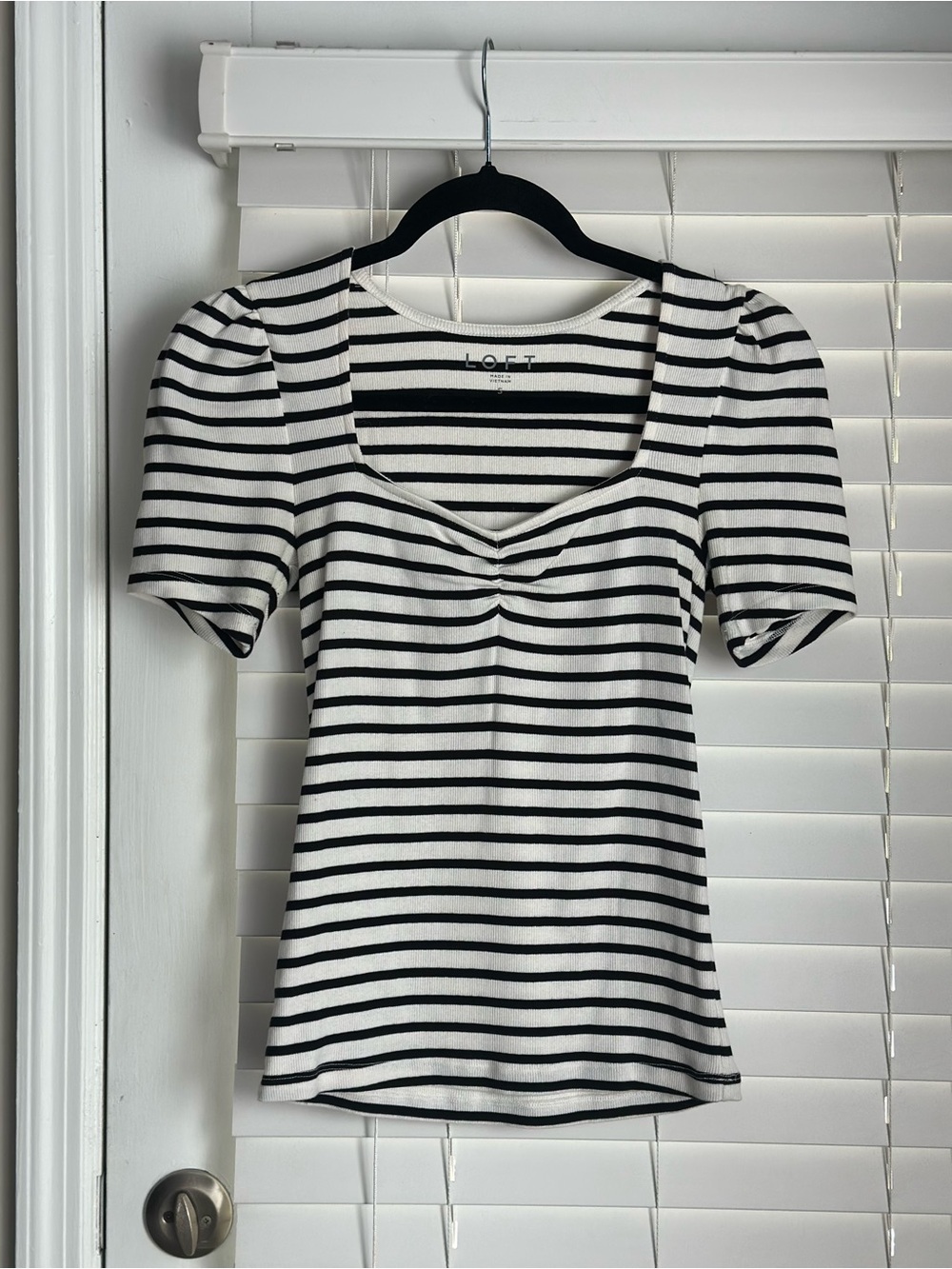 LOFT White & Black Striped Puff Sleeve Tee